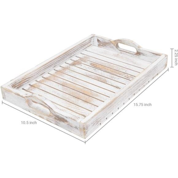 Wooden Serving Tray Breakfast Tray Coffee Table Tray Ottoman Tray Whitewashed - Picture 3 of 8